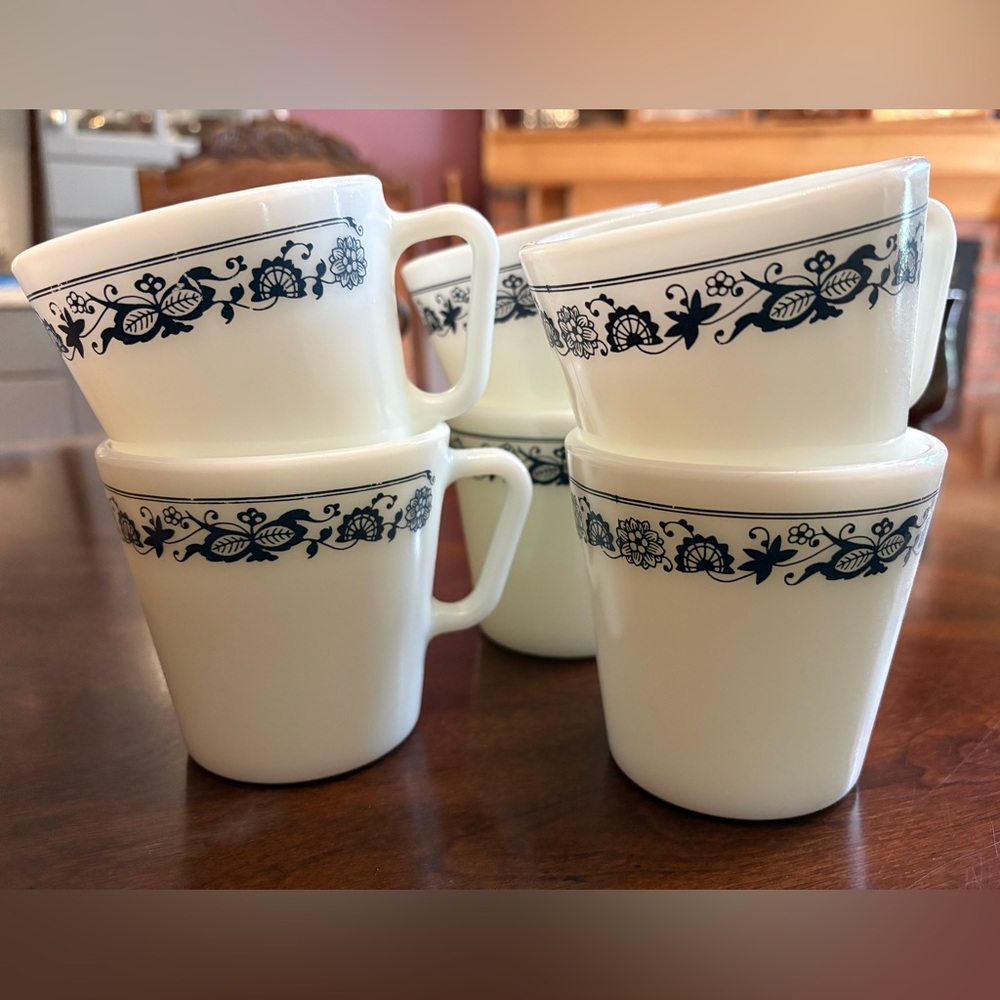 6 Vintage Floral White and Blue Mugs